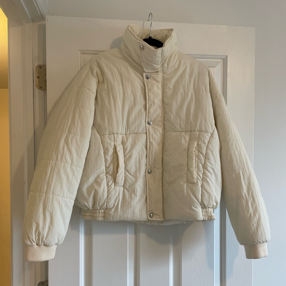 Lulus Cream Cinch Waist Cropped Puffer Jacket